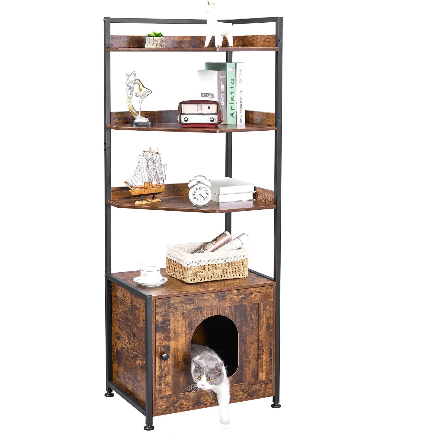 Hidden Cat Litter Box Enclosure Furniture – Large Cat Cabinet with Storage Shelves