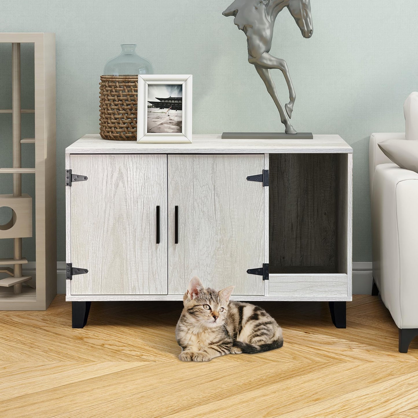 Hidden Cat Litter Box Furniture – Farmhouse Wooden Cabinet with Scratch Pad