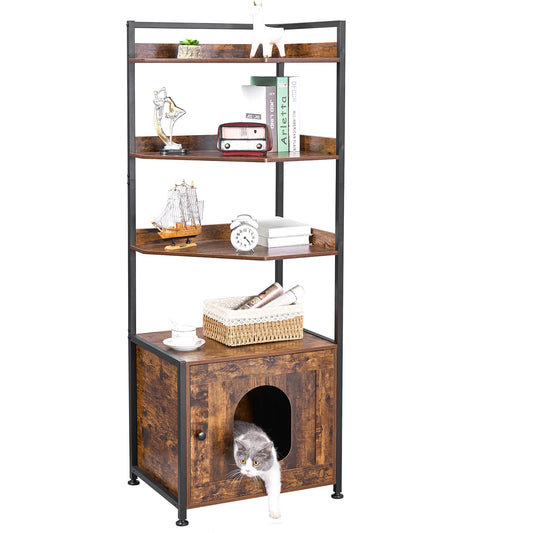 Hidden Cat Litter Box Enclosure Furniture – Large Cat Cabinet with Storage Shelves